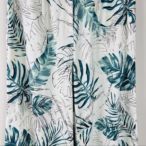 Cream green palm leaf tropical linen wide leg high waisted cropped pants large - Picture 3 of 9